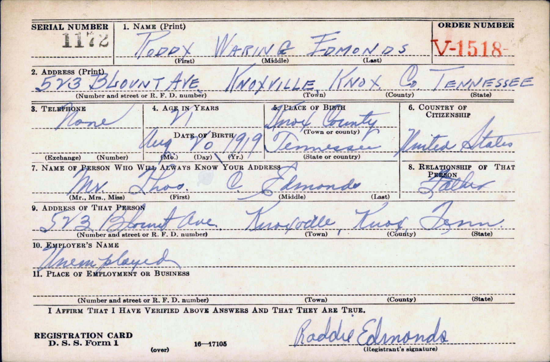 Roddie Edmonds Registration Card