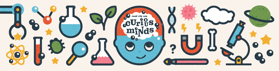 Curious Minds with graphics of science tools