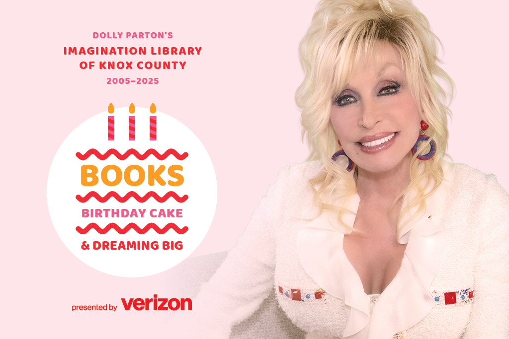 Books, Birthday Cake, & Dreaming Big - 20 Years of Imagination Library, with photo of Dolly Parton