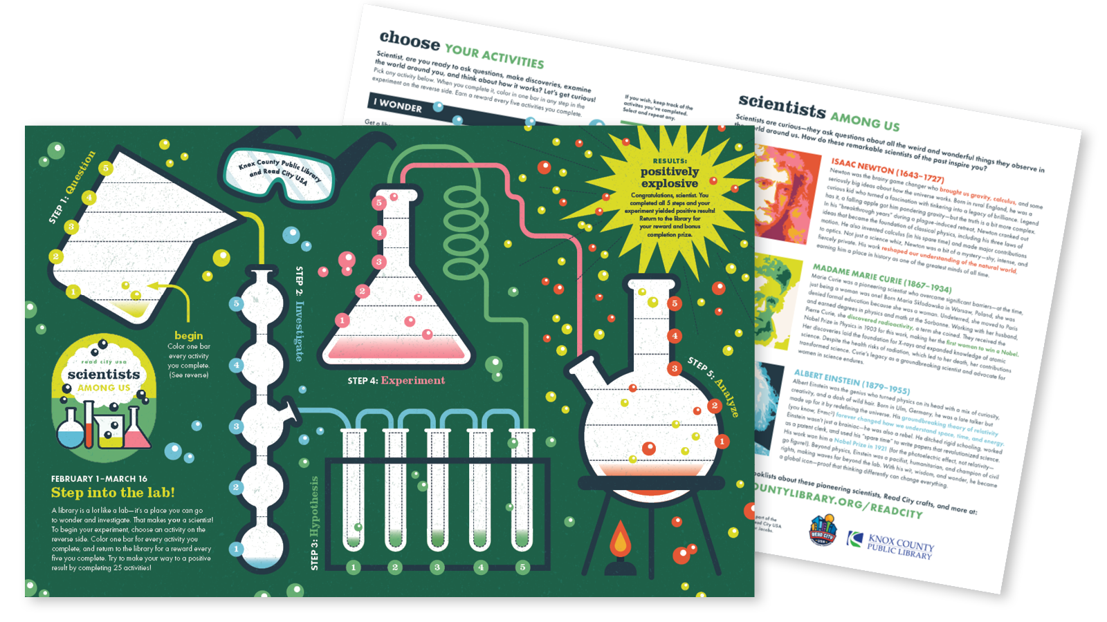 green board with colorful beakers