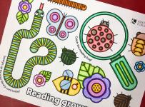 coloring sheet with bugs, flowers, snake, magnifying glass - Reading grows curiosity.