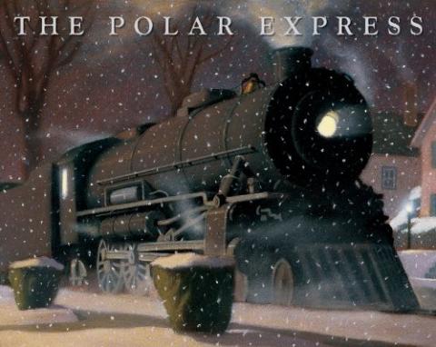 The Polar Express book cover with illustration of steam train engine