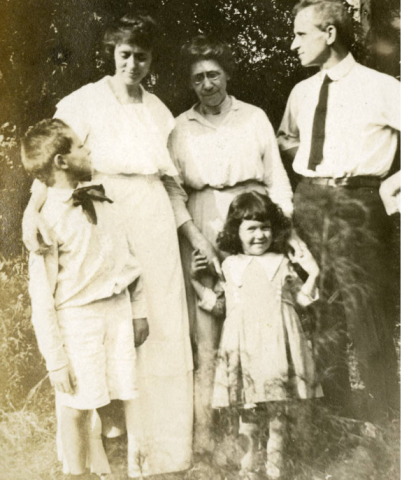 James Agee's family when he was boy:  Left to right: James Rufus Agee, his mother Laura Tyler Agee, grandmother Emma Farrand Tyler, his sister Emma Agee, and uncle Hugh Tyler.  Circa. 1917. From the Hugh Tyler Album.