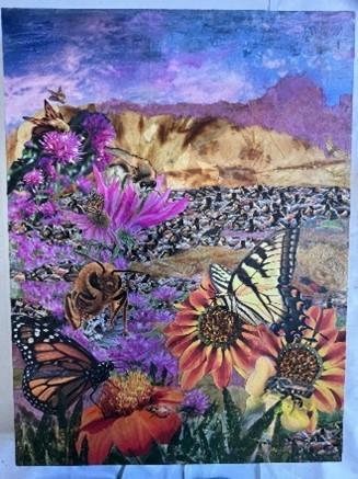 Image of nature painting with flowers and butterflies.