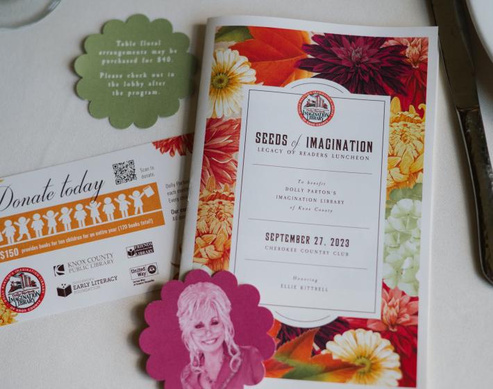 The program, donation card, and table cards from 2023 Seeds of Imagination Luncheon